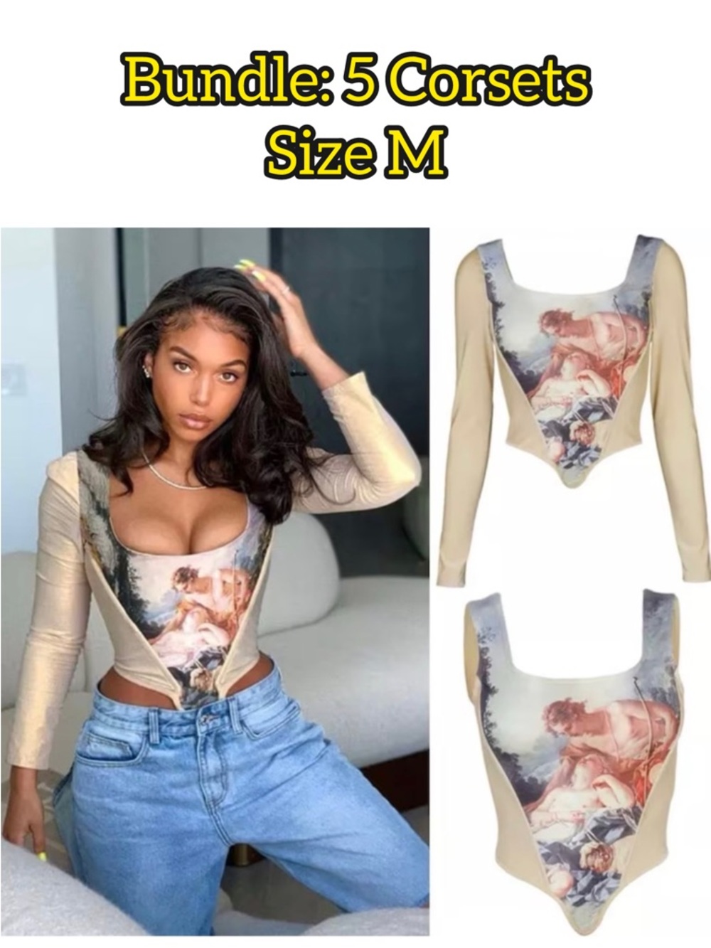 Beige Art-Print Long Sleeve Corset Top - Size M